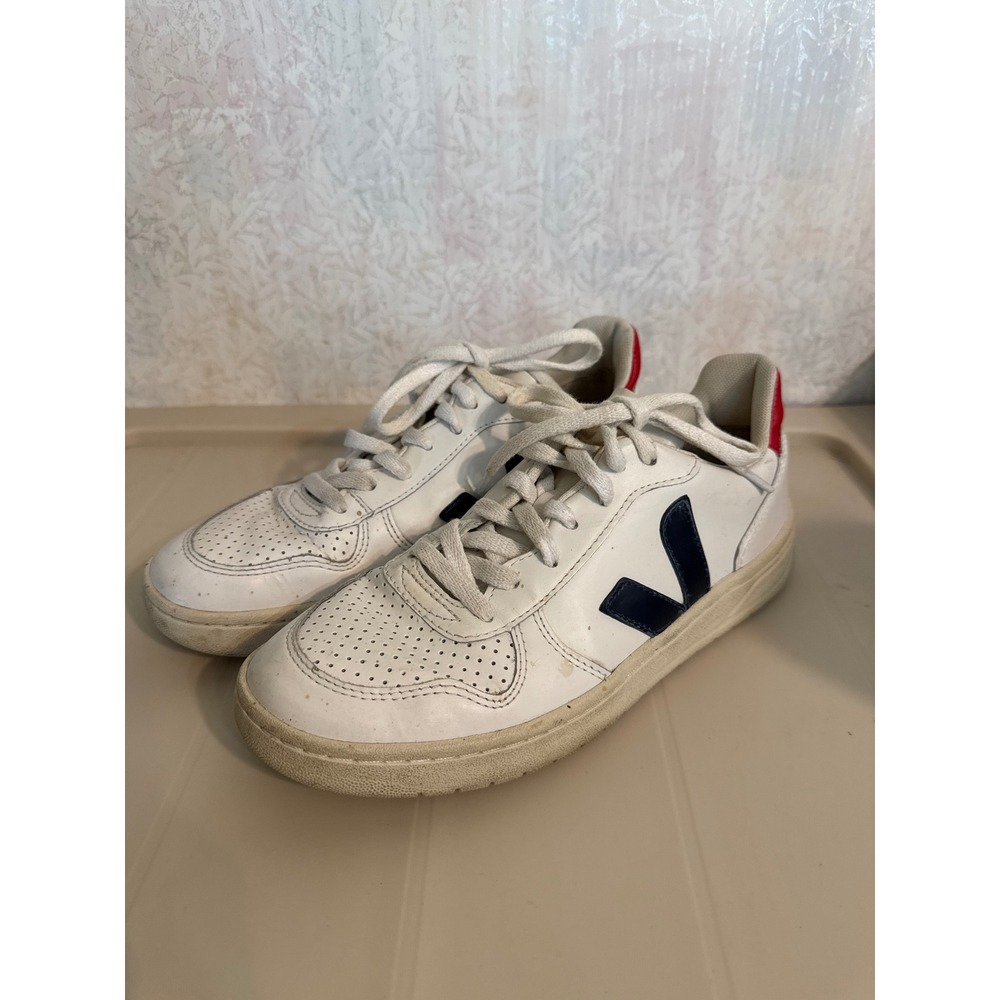 Veja V-10 White Leather Sneakers Navy Blue Red Women US 7 EUR 38